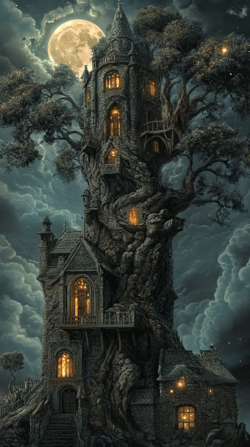 Majestic oak chapel tower under a cloudy moonlit sky