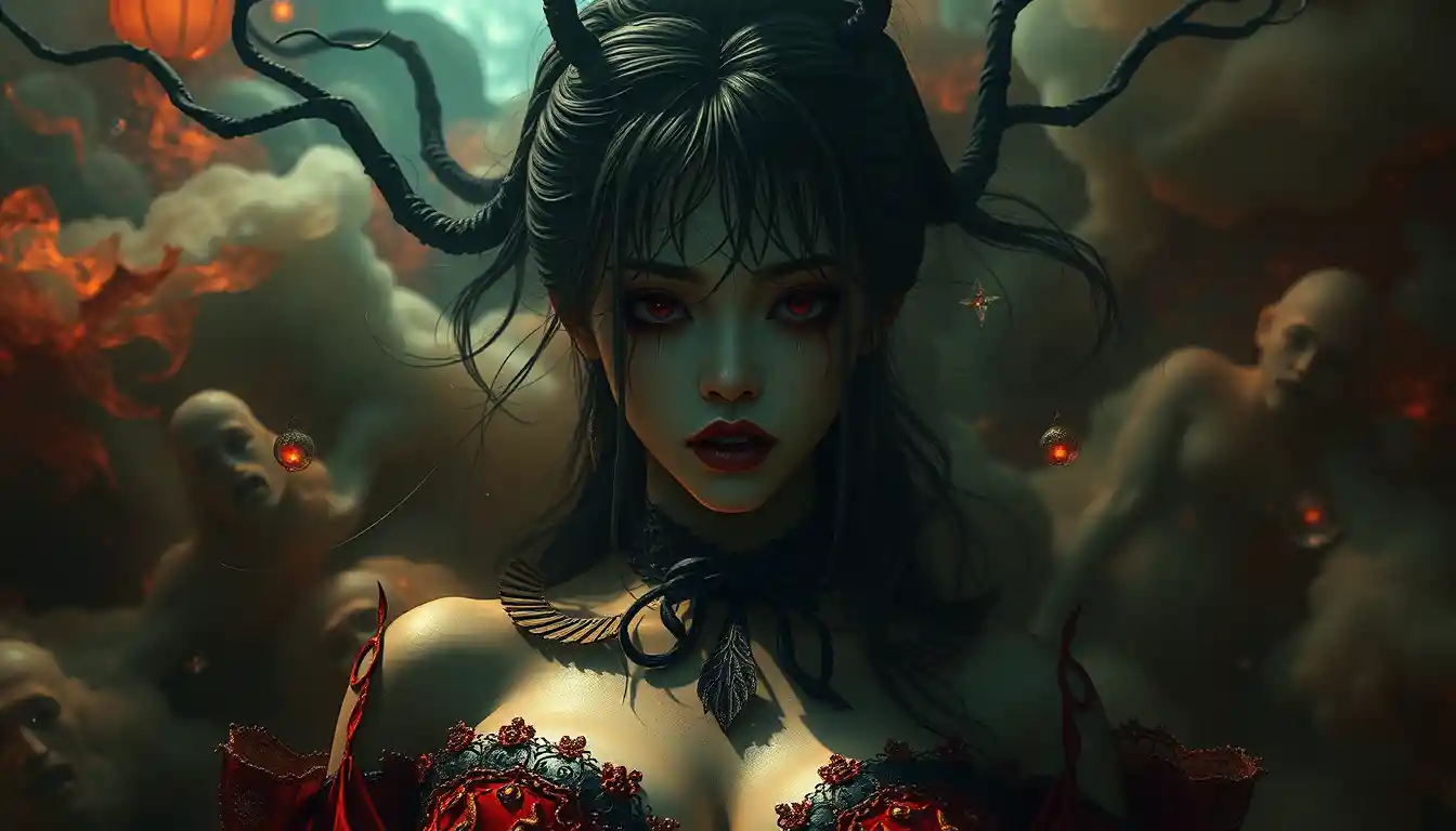 Surreal cinematic dreamscape blending horror and sensuality