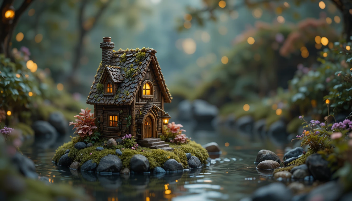 Tiny fairy house floating on water with glowing lights