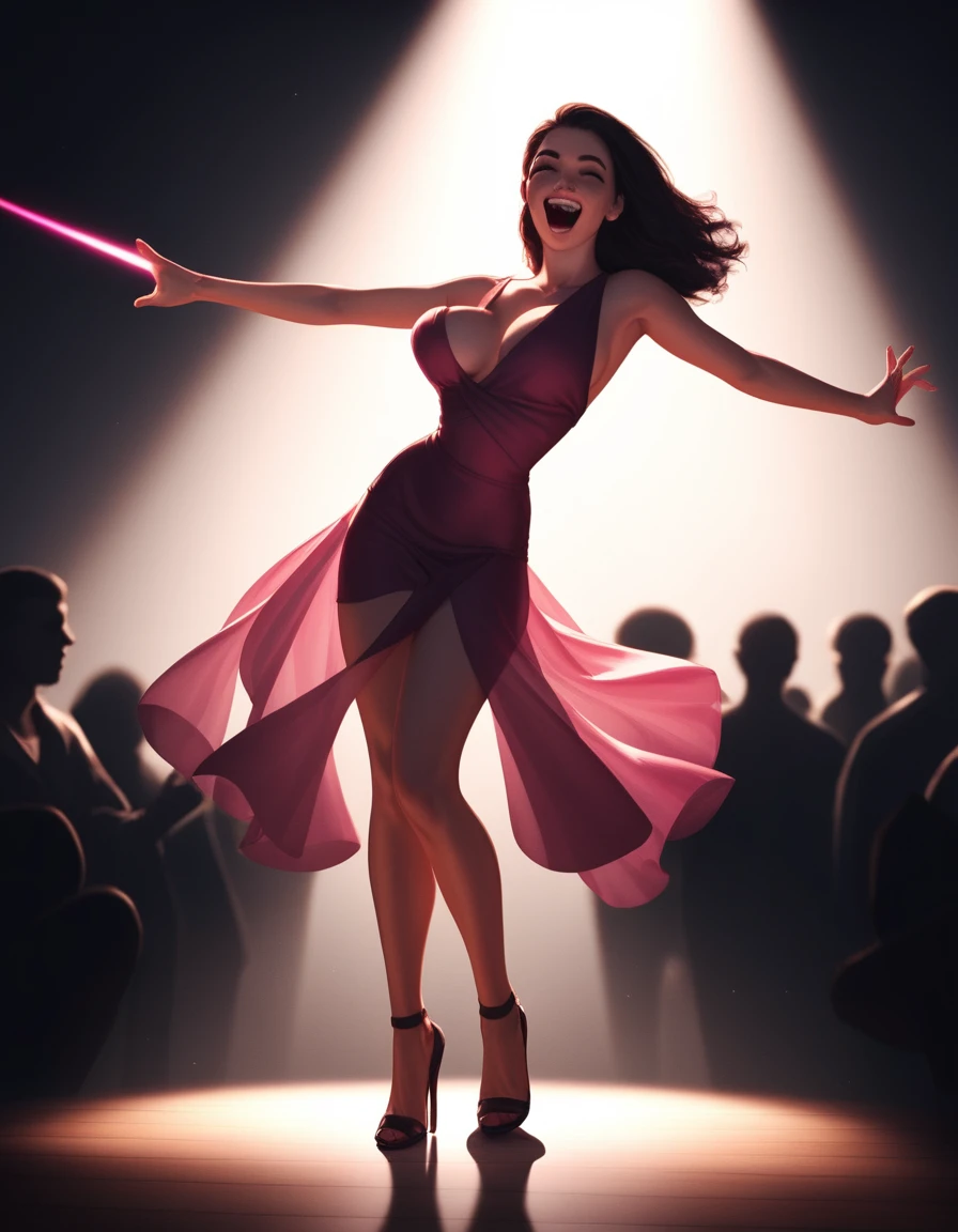 Smiling woman dancing in a crowded modern nightclub