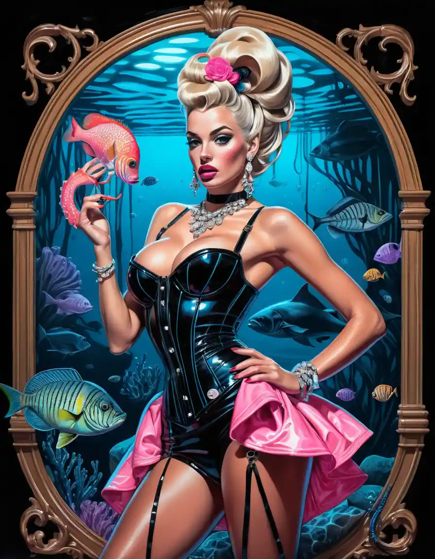 Underwater neon fashion goddess in baroque couture