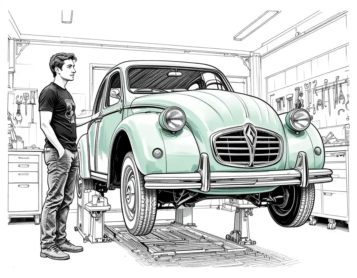 Auto classica verde salvia sul ponte in un’officina luminosa