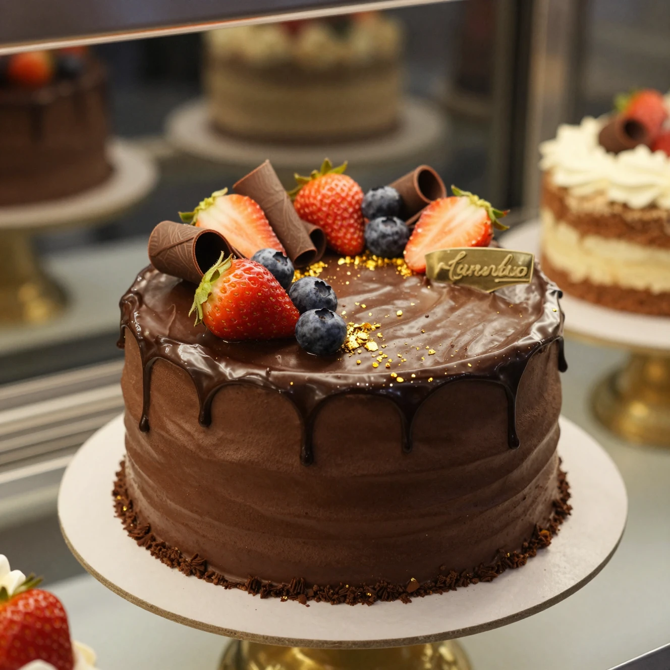 Luxurious chocolate cake with berries and gold accents