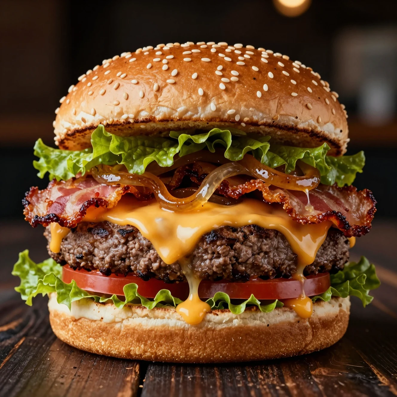 Gourmet cheeseburger close up with cinematic lighting