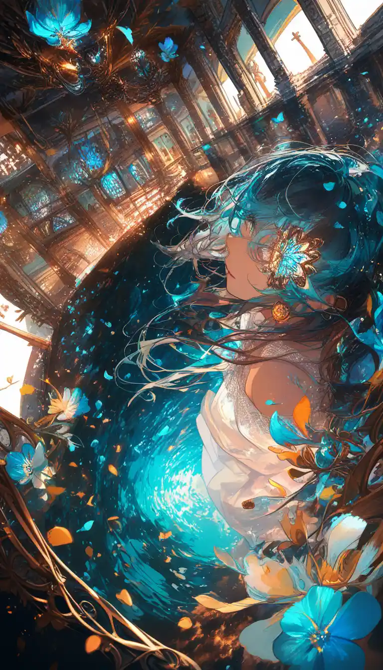 Anime woman on a sunny Mediterranean seaside balcony