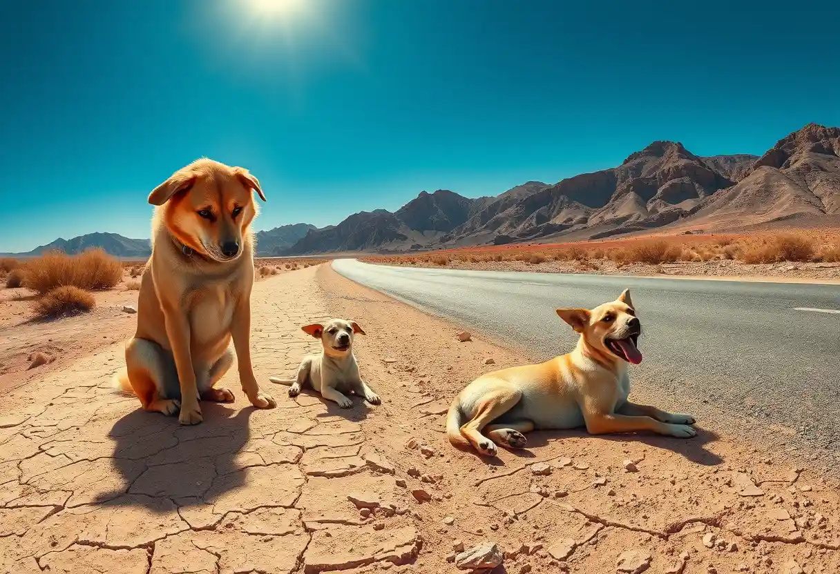 Street dogs resting by an empty desert highway