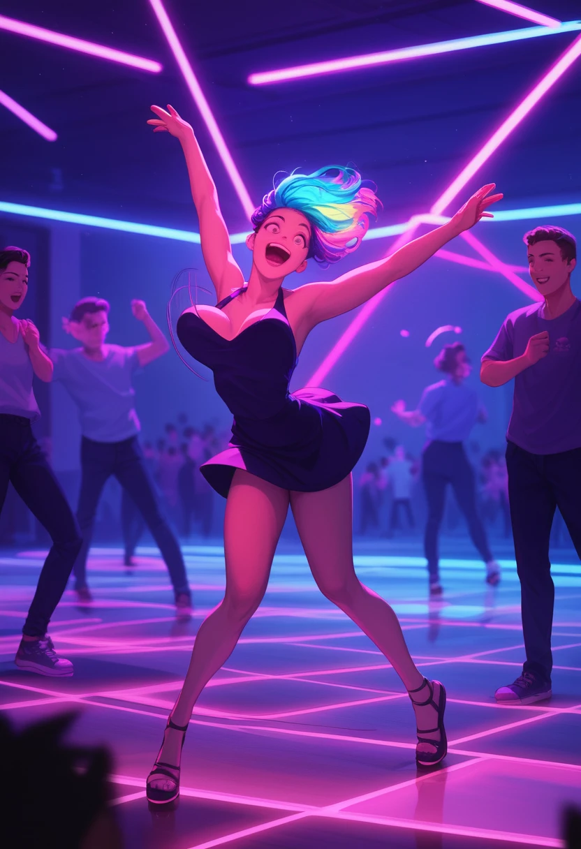 Smiling girl dancing in a vibrant upscale nightclub