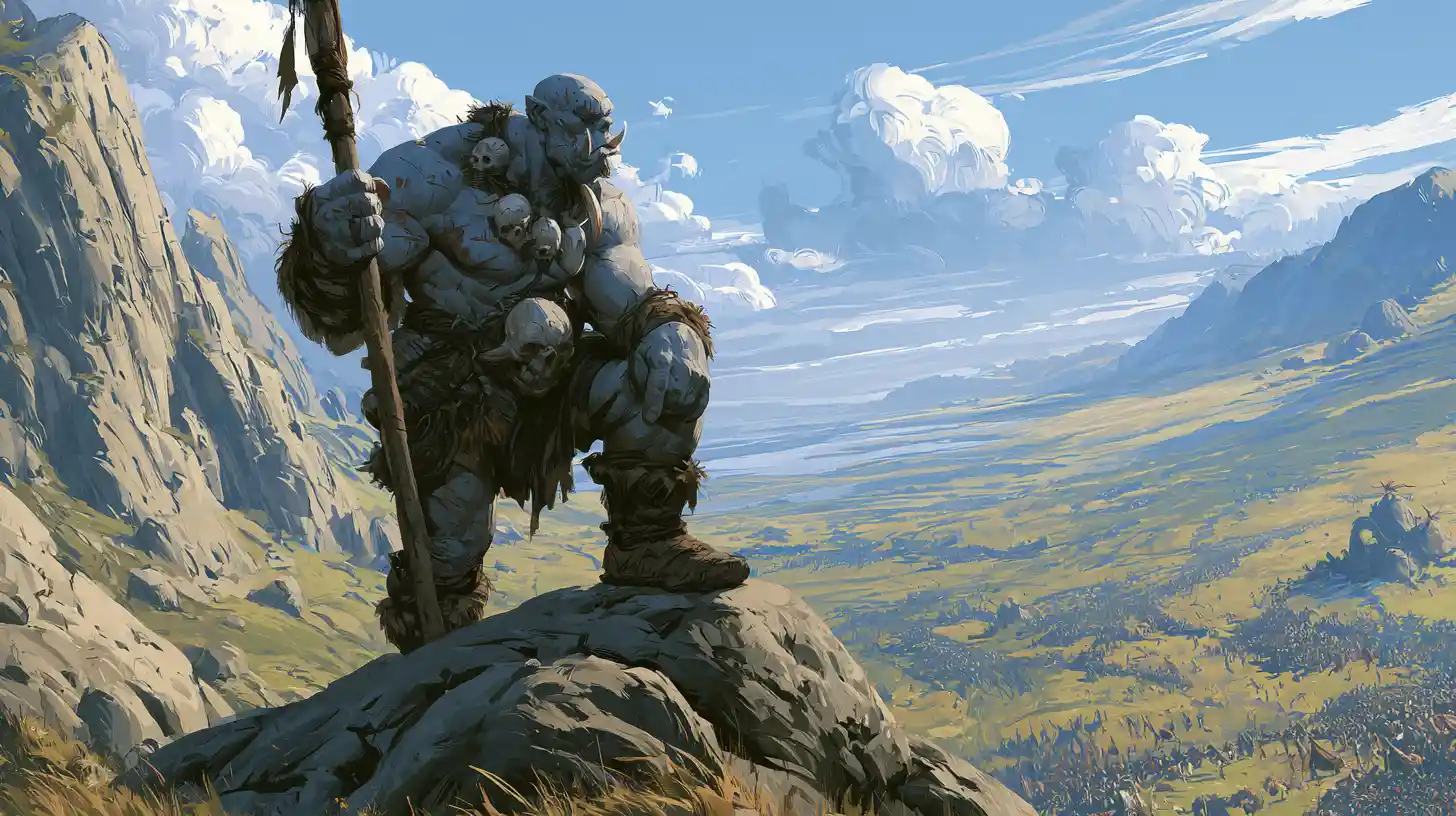 Muscular orc warlord overlooking a raging valley battle