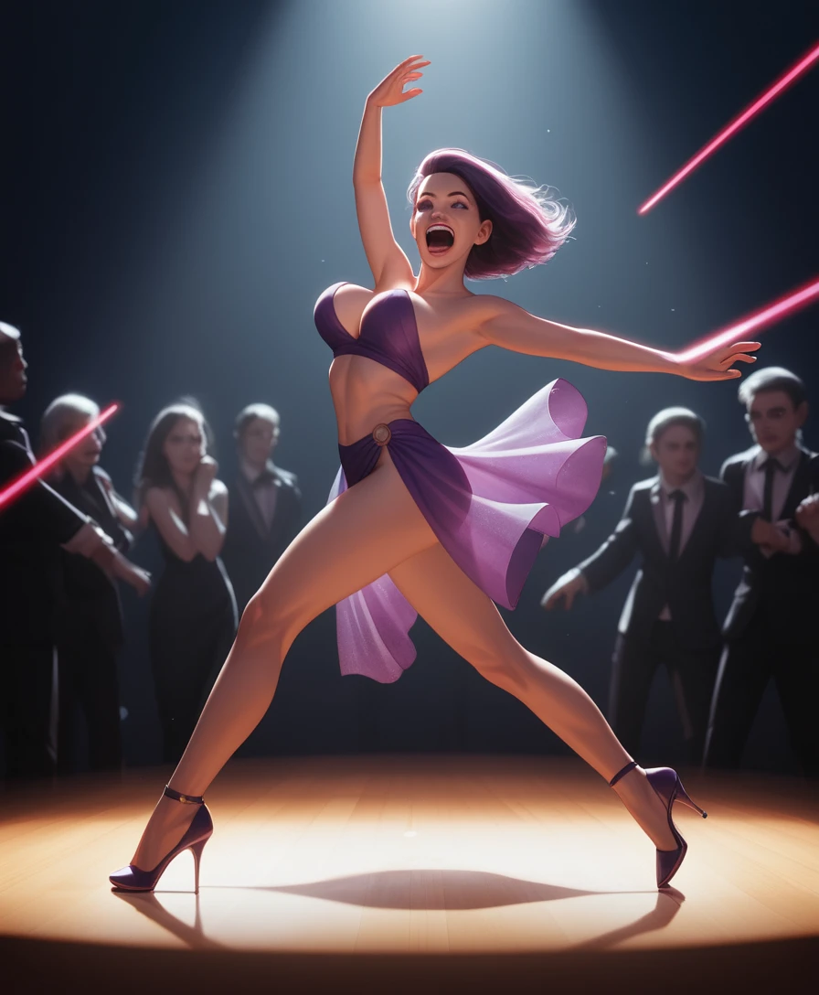 Smiling girl dancing in heels on a crowded nightclub floor
