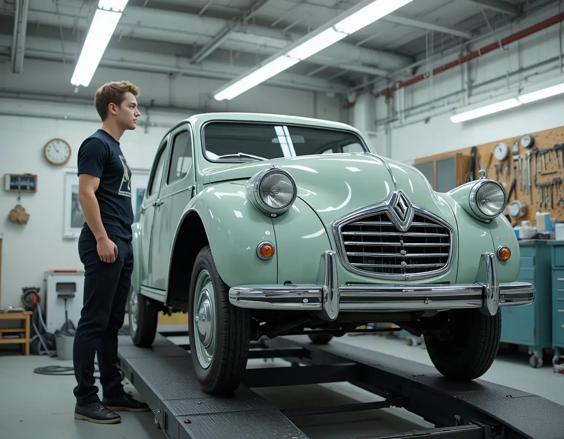 Classic sage green car on lift in bright workshop