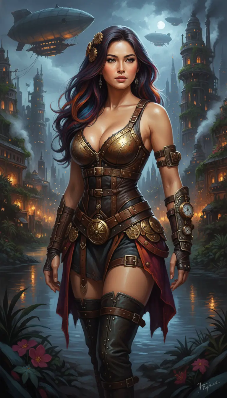 Steampunk gladiator woman in a night city with plants