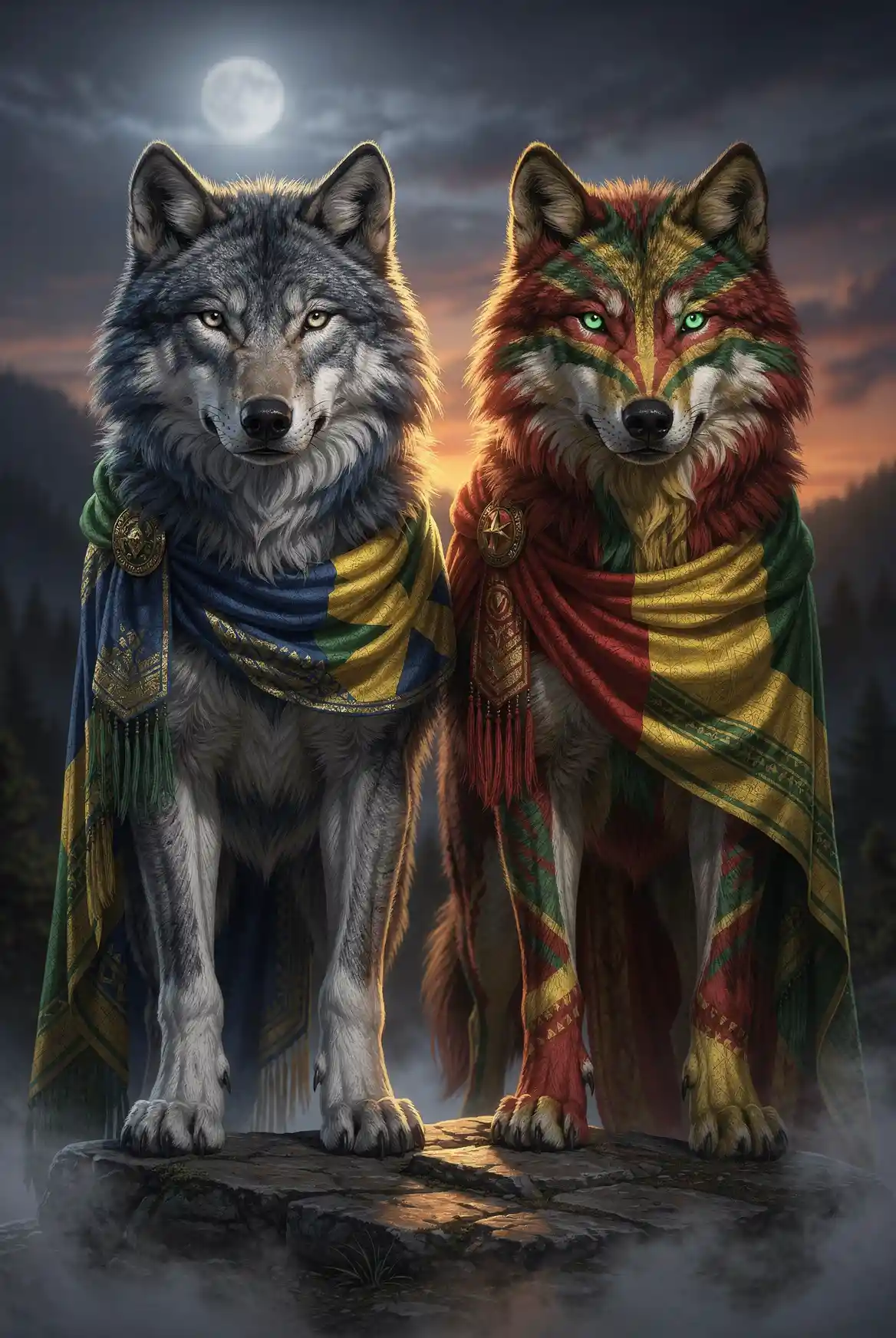 Two majestic wolves in bold green gold and red coats