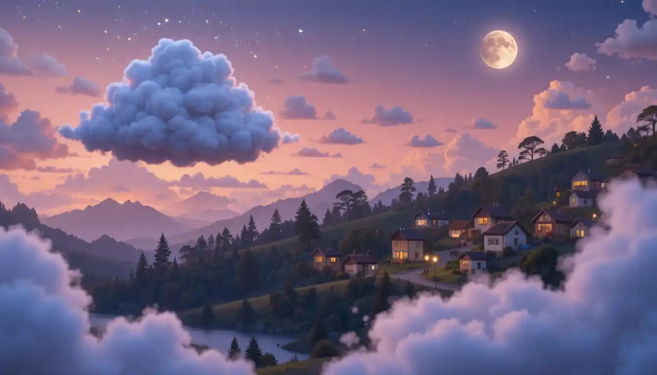 Little cloud drifting above pink evening hills