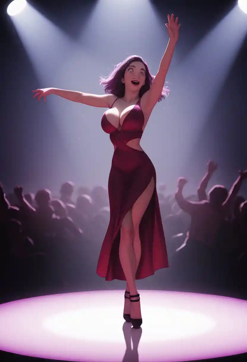 Joyful woman dancing in a dark modern nightclub