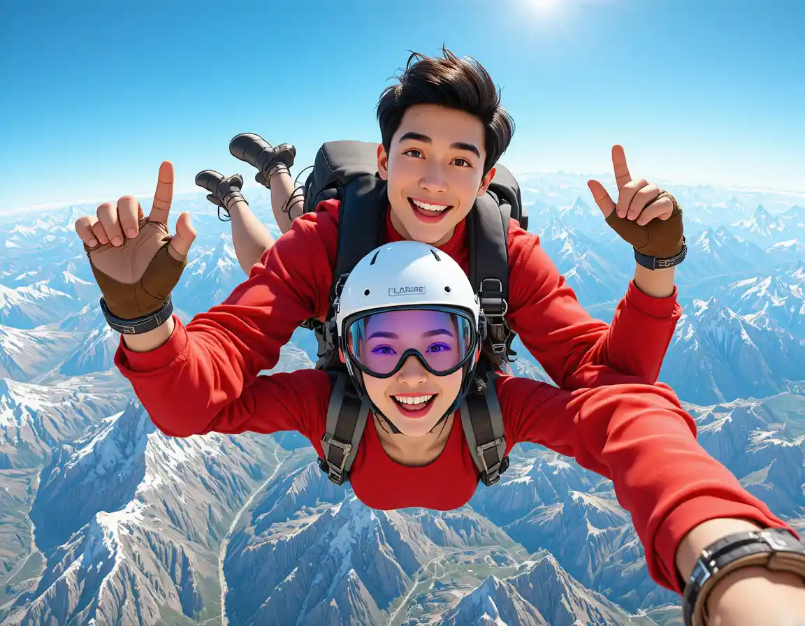 Tandem skydiving couple over snowy mountain peaks