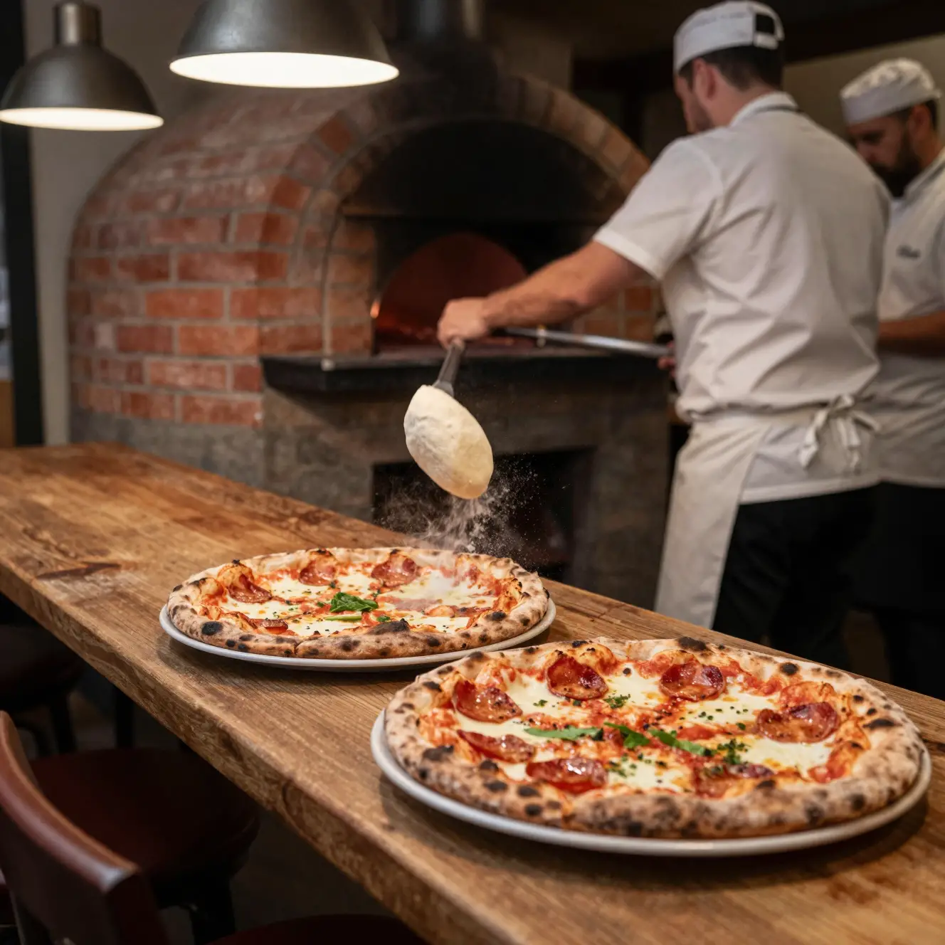 Italian pizzeria interior with chefs tossing pizza dough