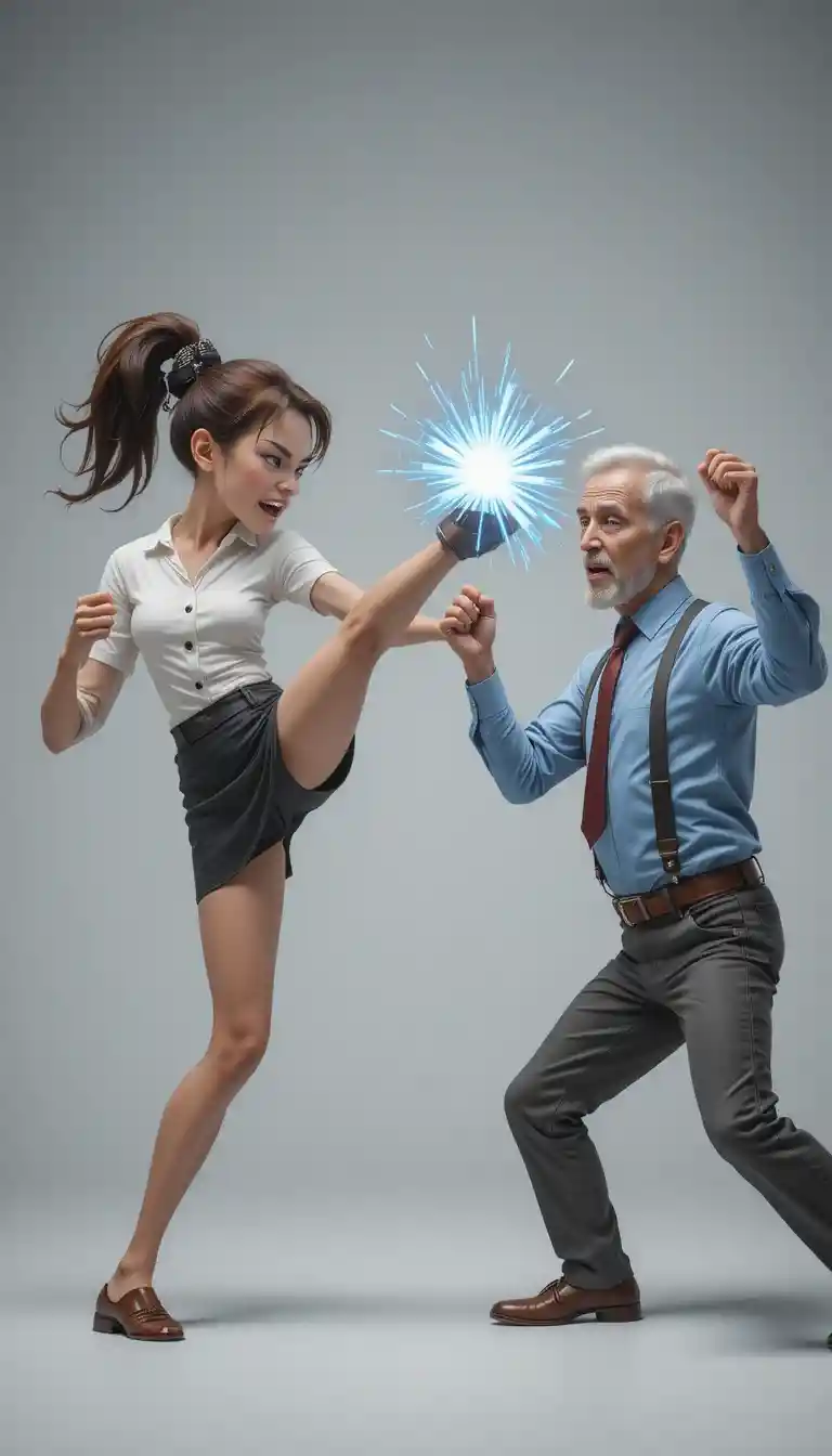 Young woman kicking elderly man with blue energy burst