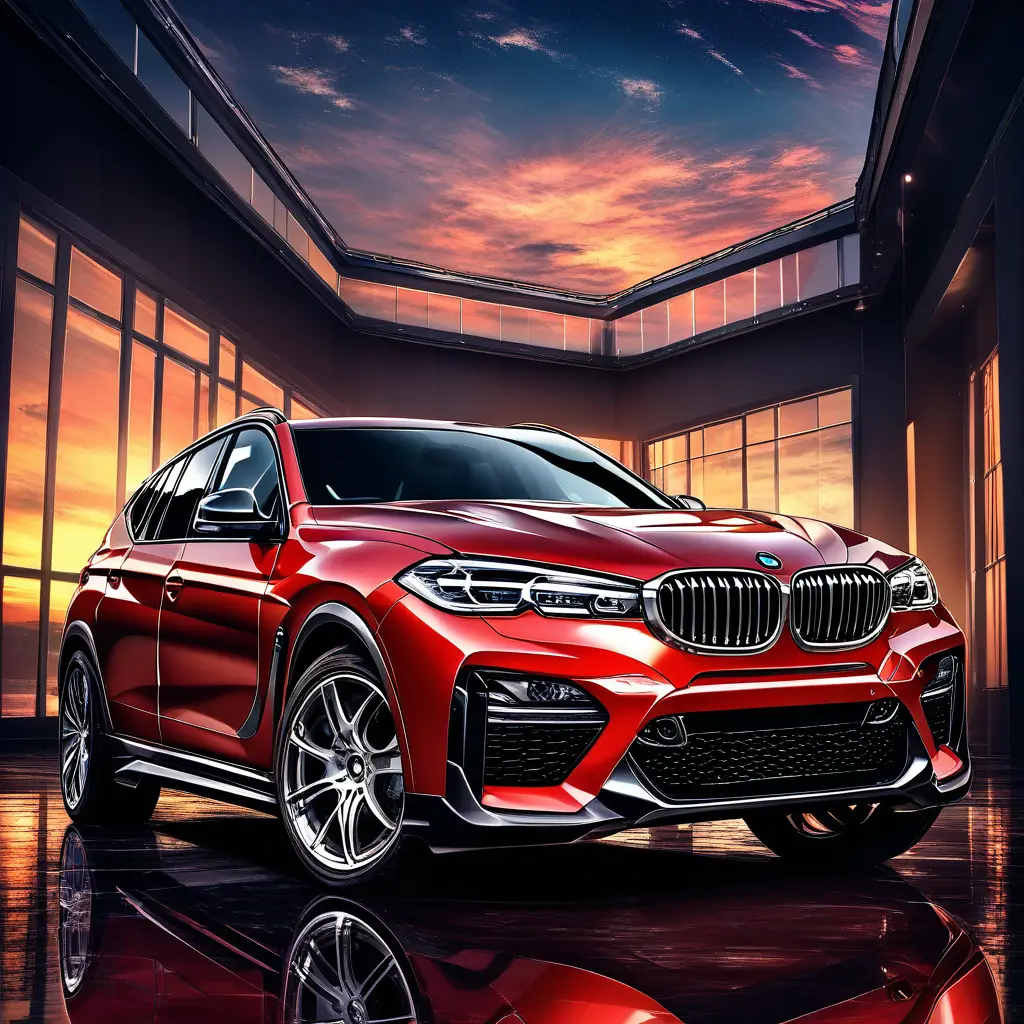 Side profile of metallic red luxury suv at sunset