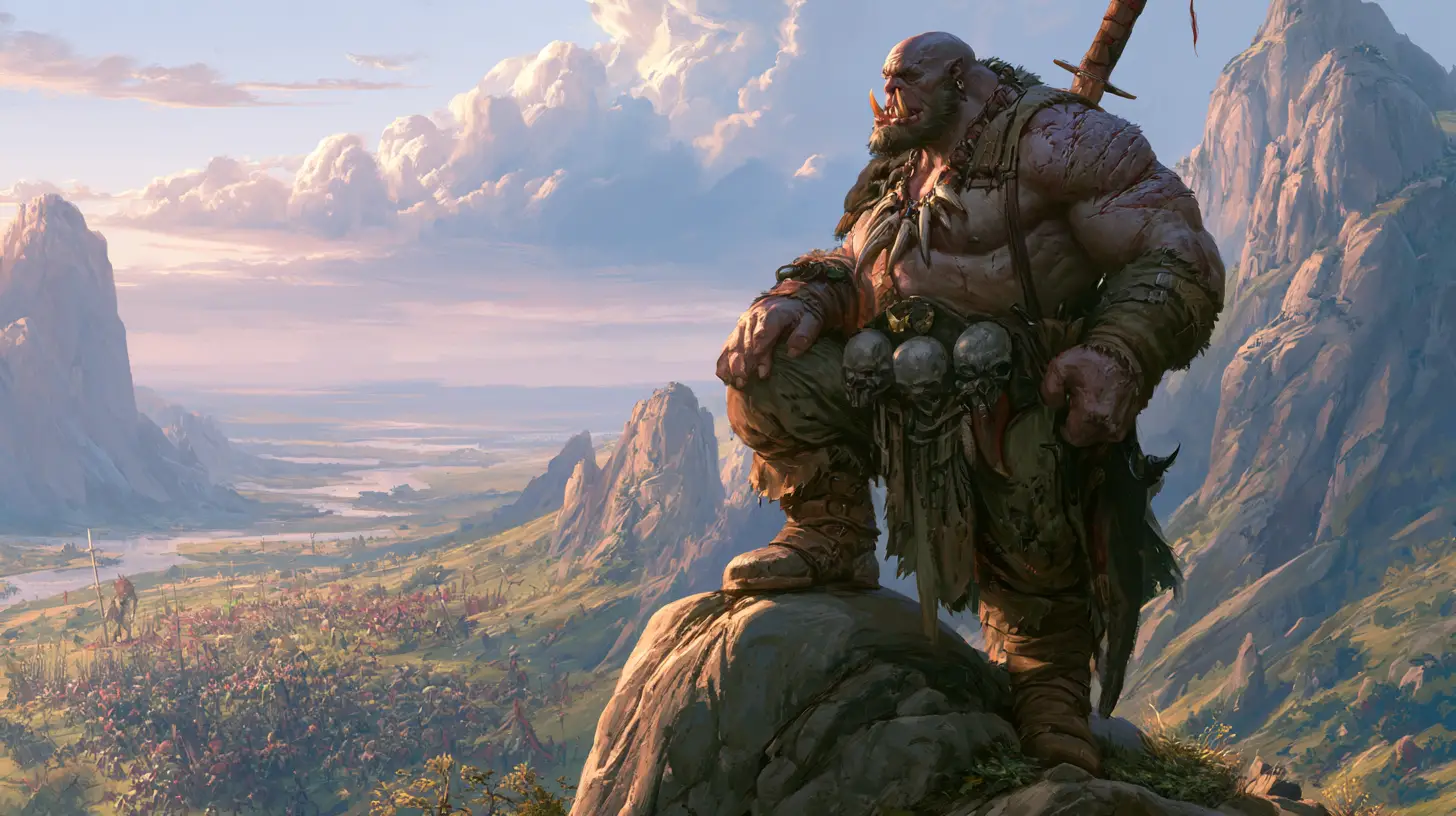 Muscular orc warlord overlooking a battlefield from a rock