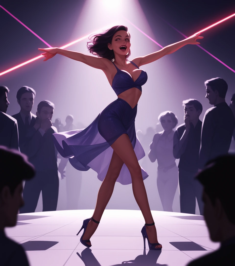 Joyful girl dancing in a crowded modern nightclub