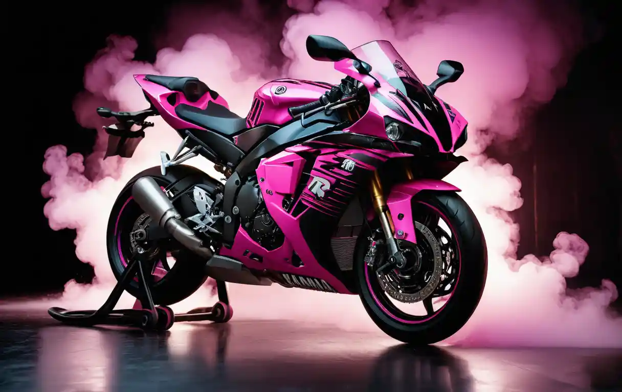 Yamaha sport motorcycle with bold pink graphics in studio