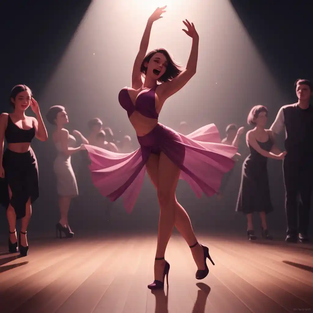 Smiling girl dancing in a dark modern nightclub