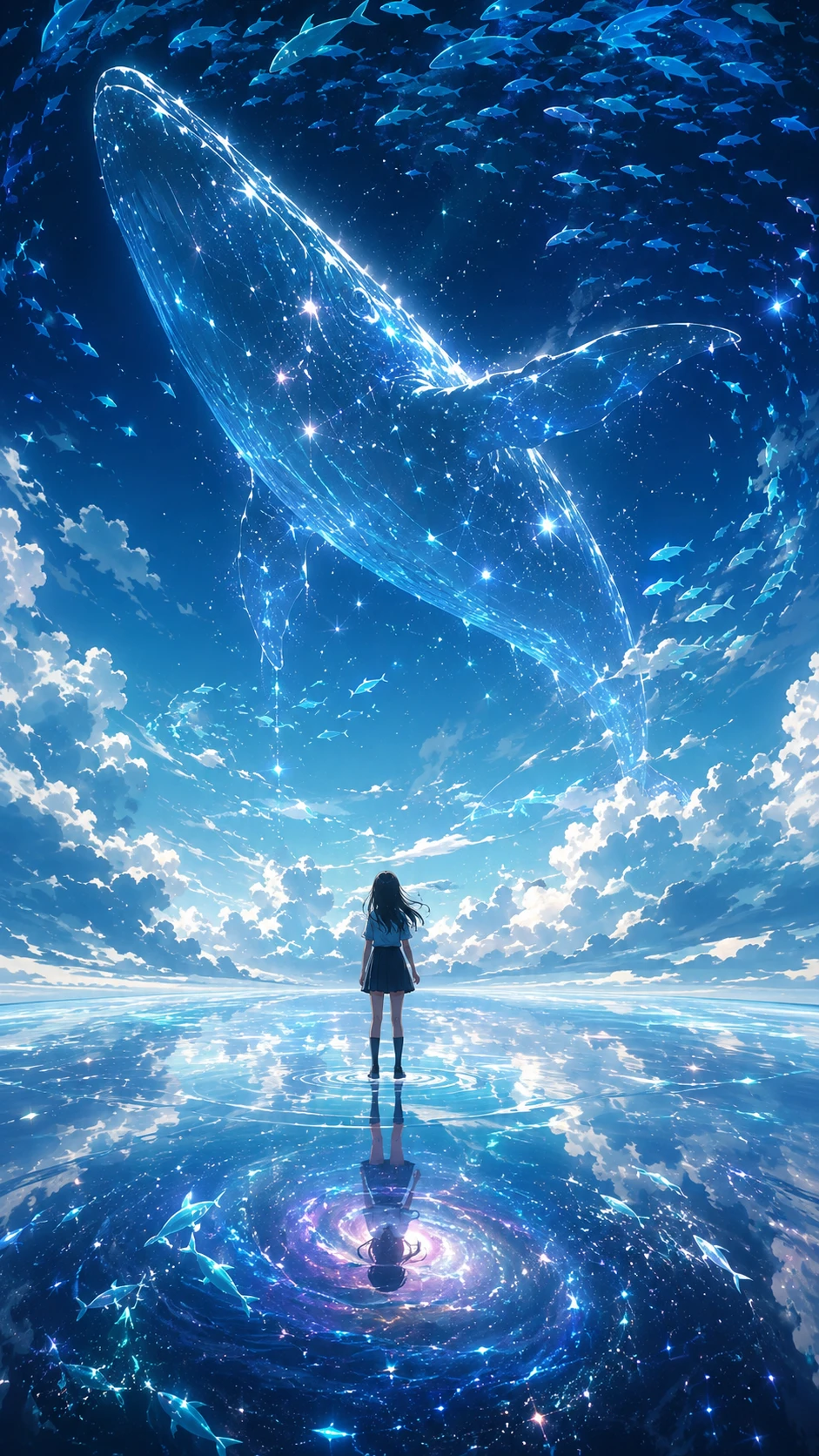 Schoolgirl On Floating Mirror Water High Above The Galaxy