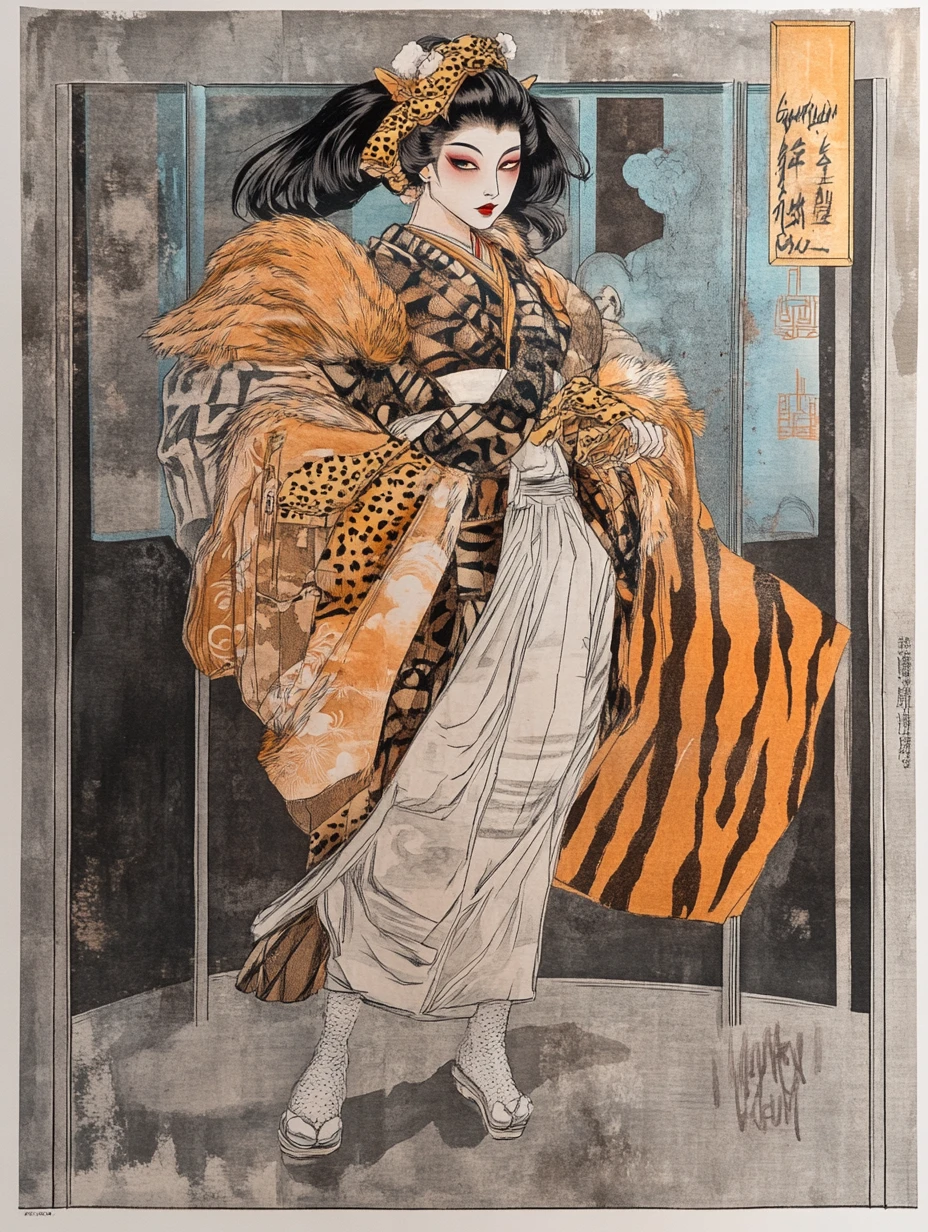 Mujer gyaru audaz en estilo ukiyo-e en escena de museo