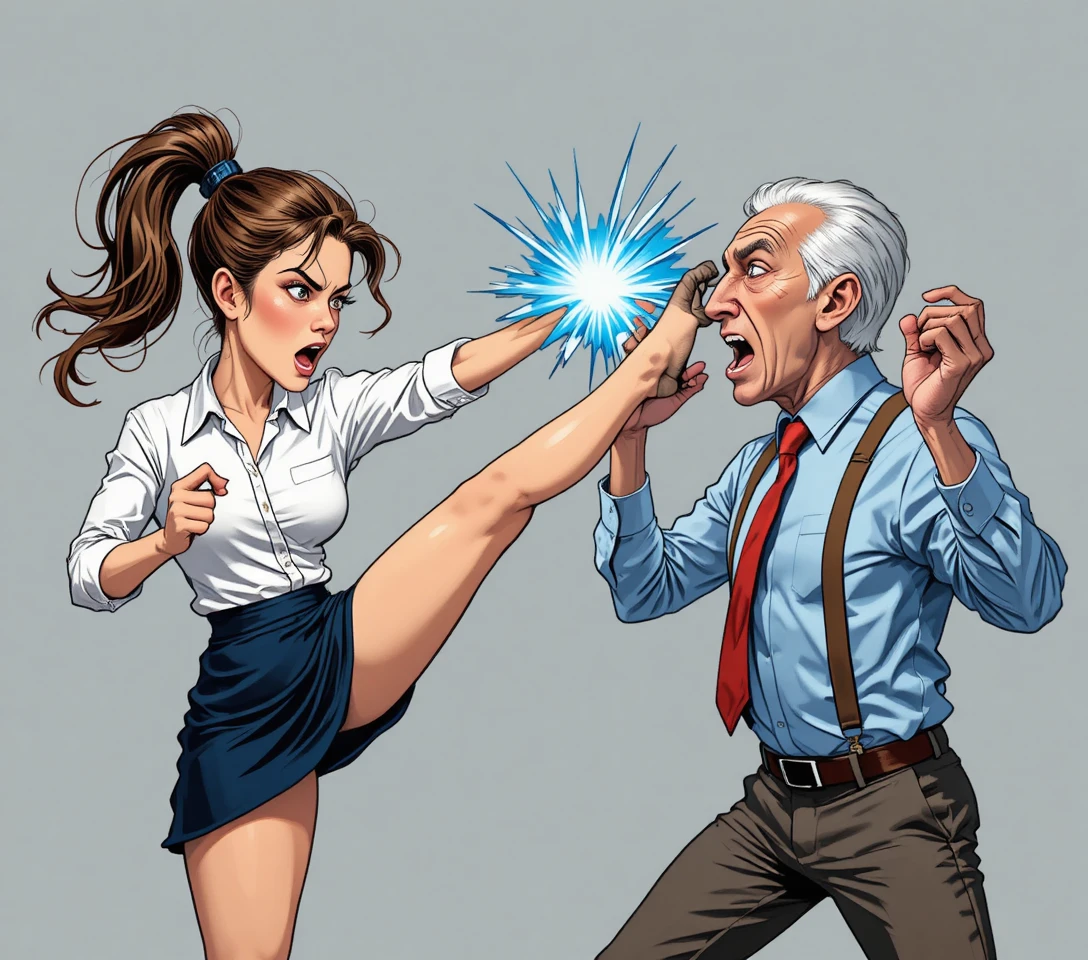 Young woman high kicking elderly man in digital clash
