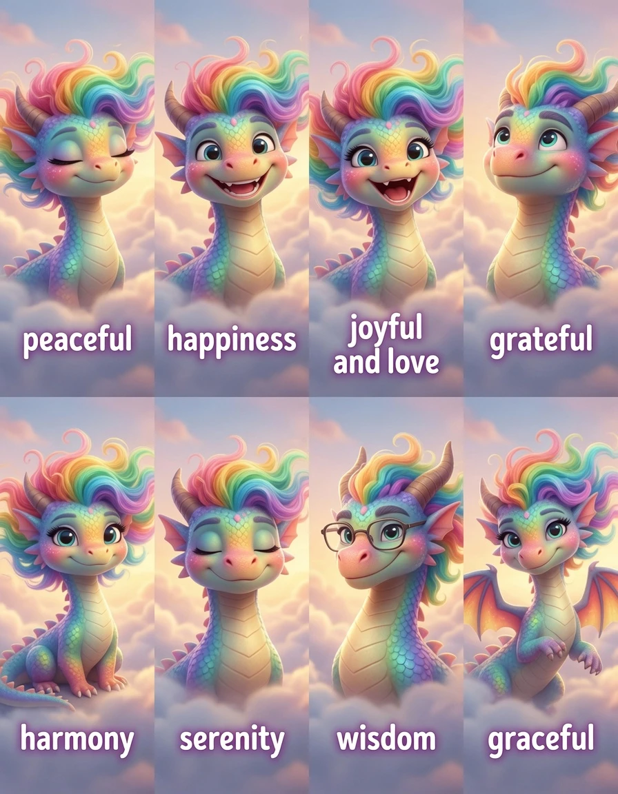 Colorful 3D cartoon dragons with flowing curly hair