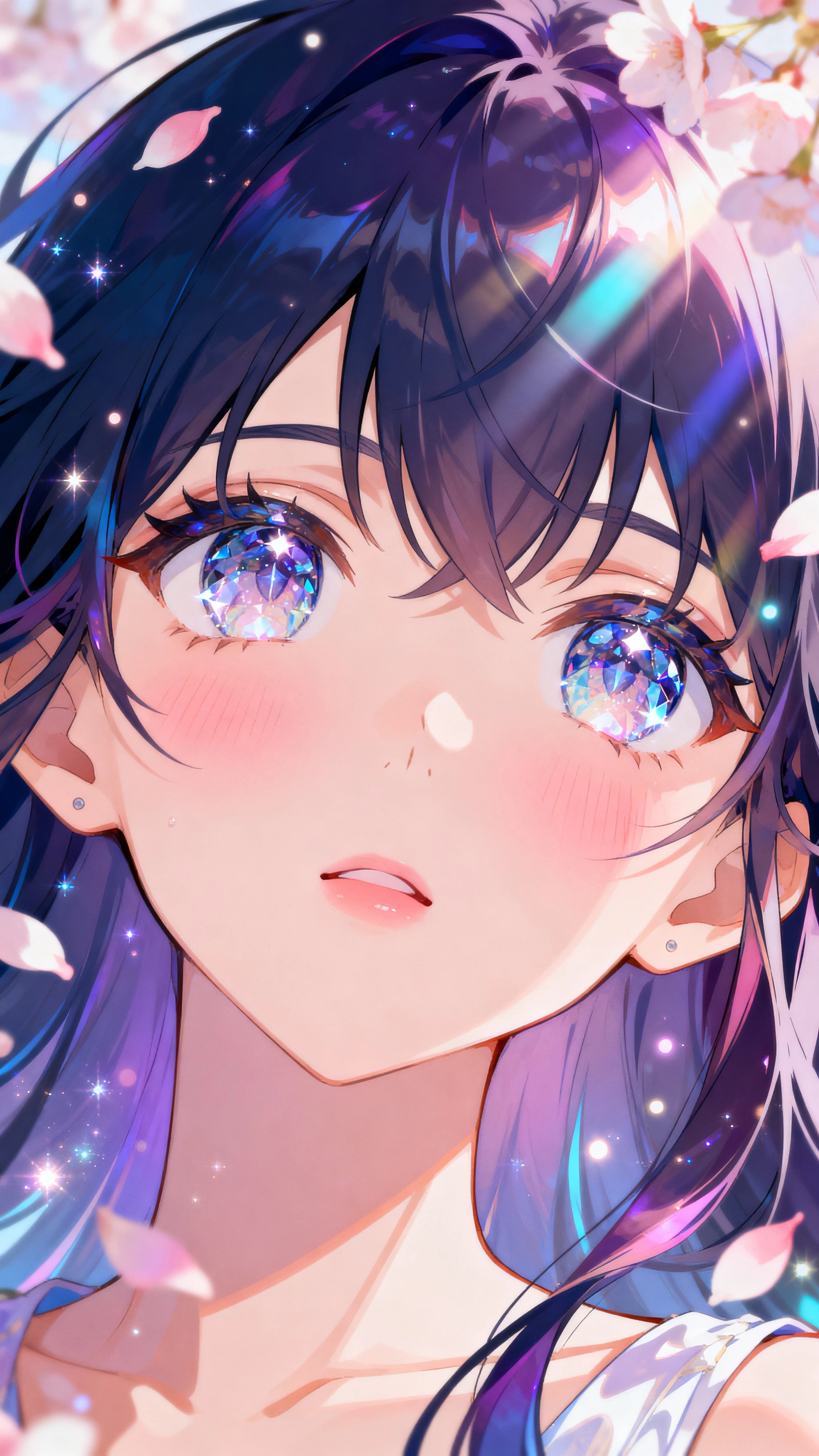Vibrant anime girl in magical light with floating petals