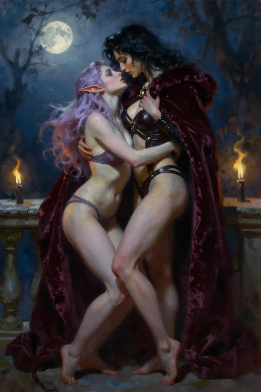 Elven woman embraced under a velvet cloak at night