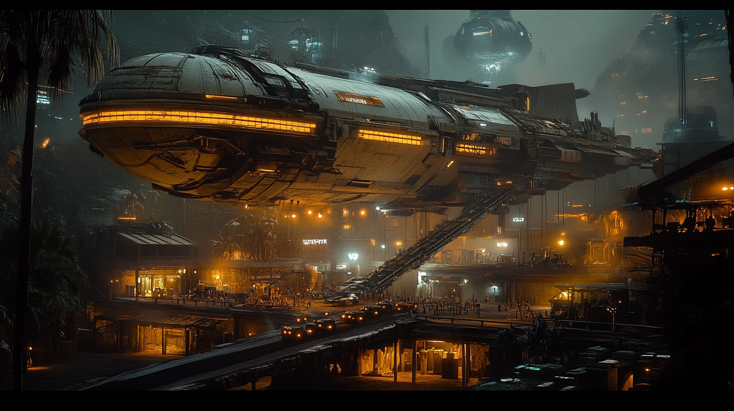 Giant sci fi cargo ship over alien jungle town at night