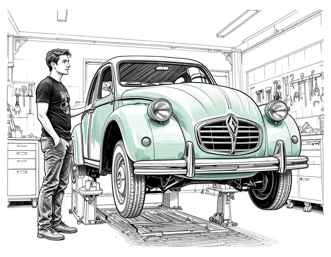 Classic sage green car on lift in bright workshop