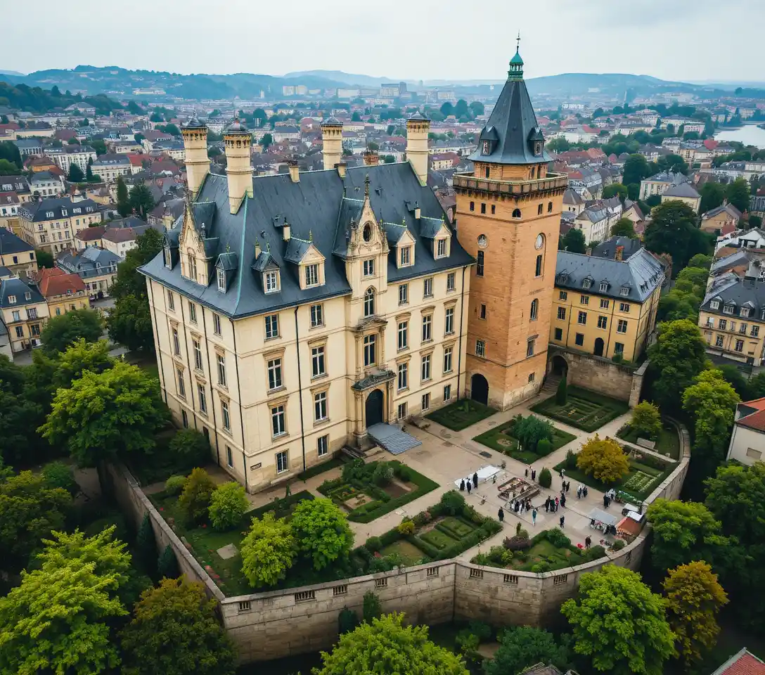 Aerial view of historic French castle in cityscape