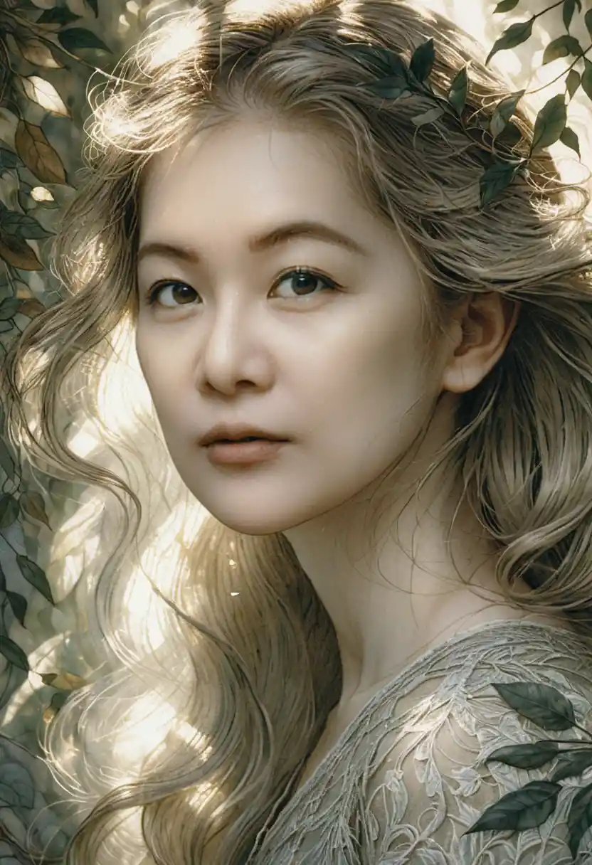 Woman in profile with flowing hair in dappled sunlight