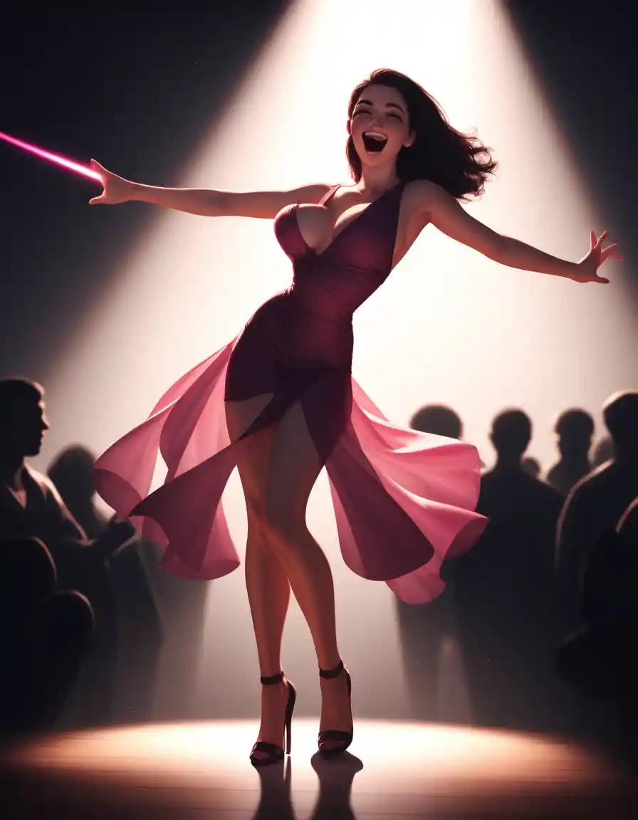 Smiling woman dancing in a crowded modern nightclub