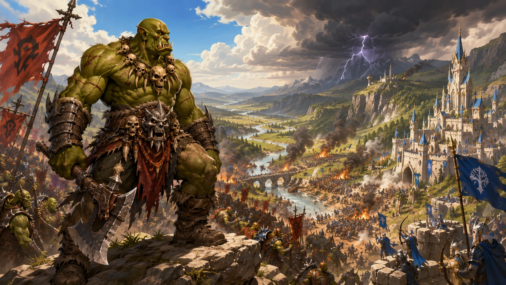 Scarred orc warlord overlooking a vast battle valley