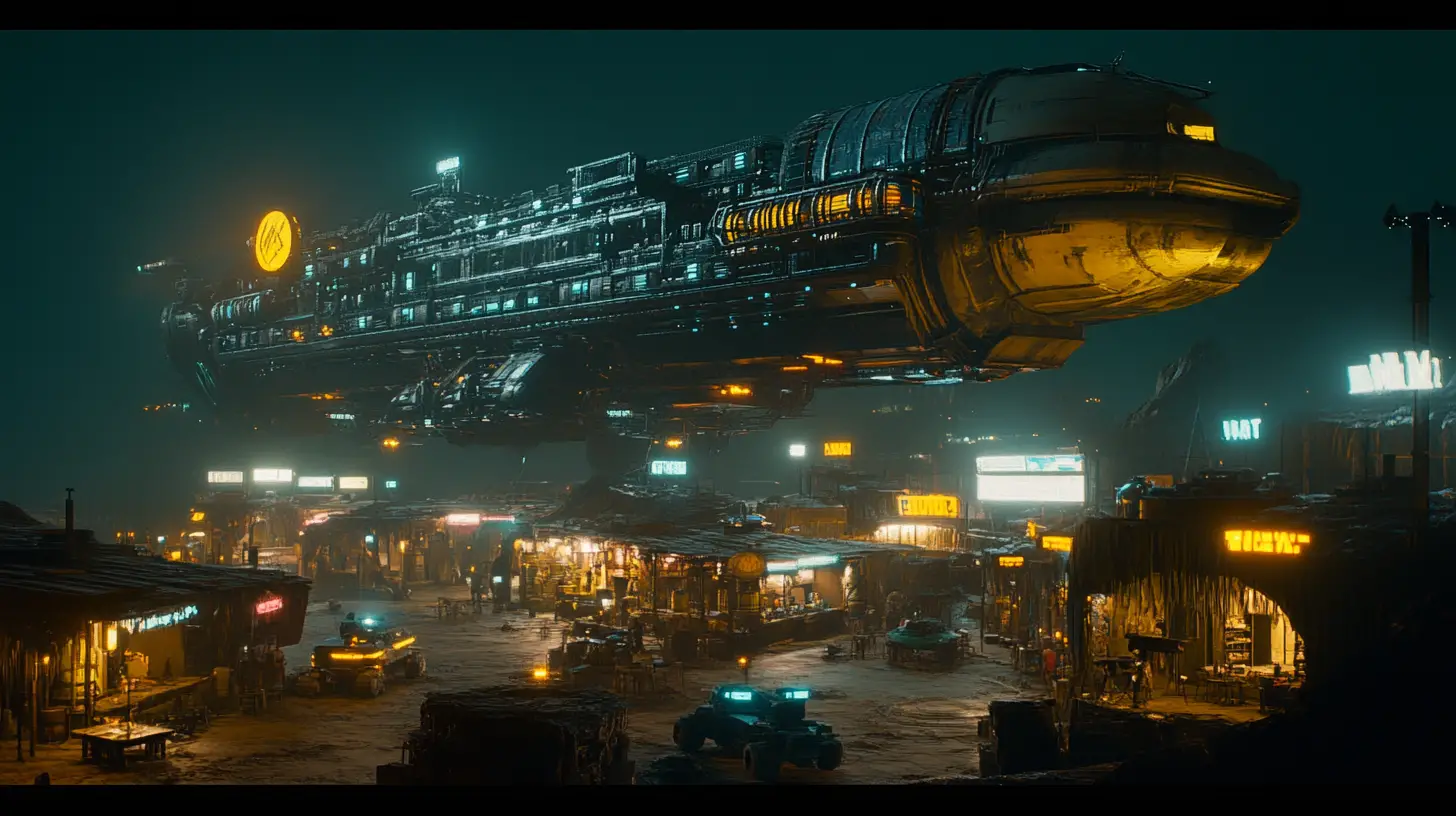 Massive cargo spaceship over an alien town at night