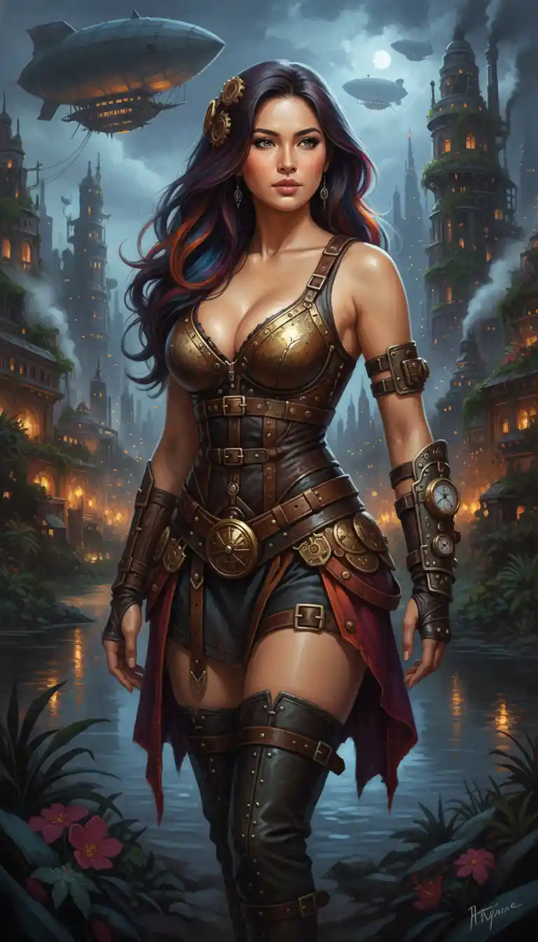 Steampunk gladiator woman in a night city with plants
