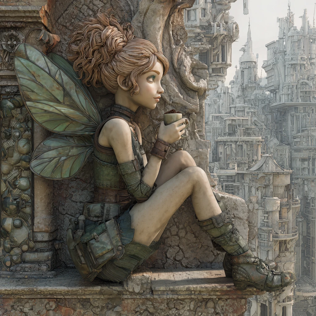 Hada steampunk en una azotea al amanecer de ensueño
