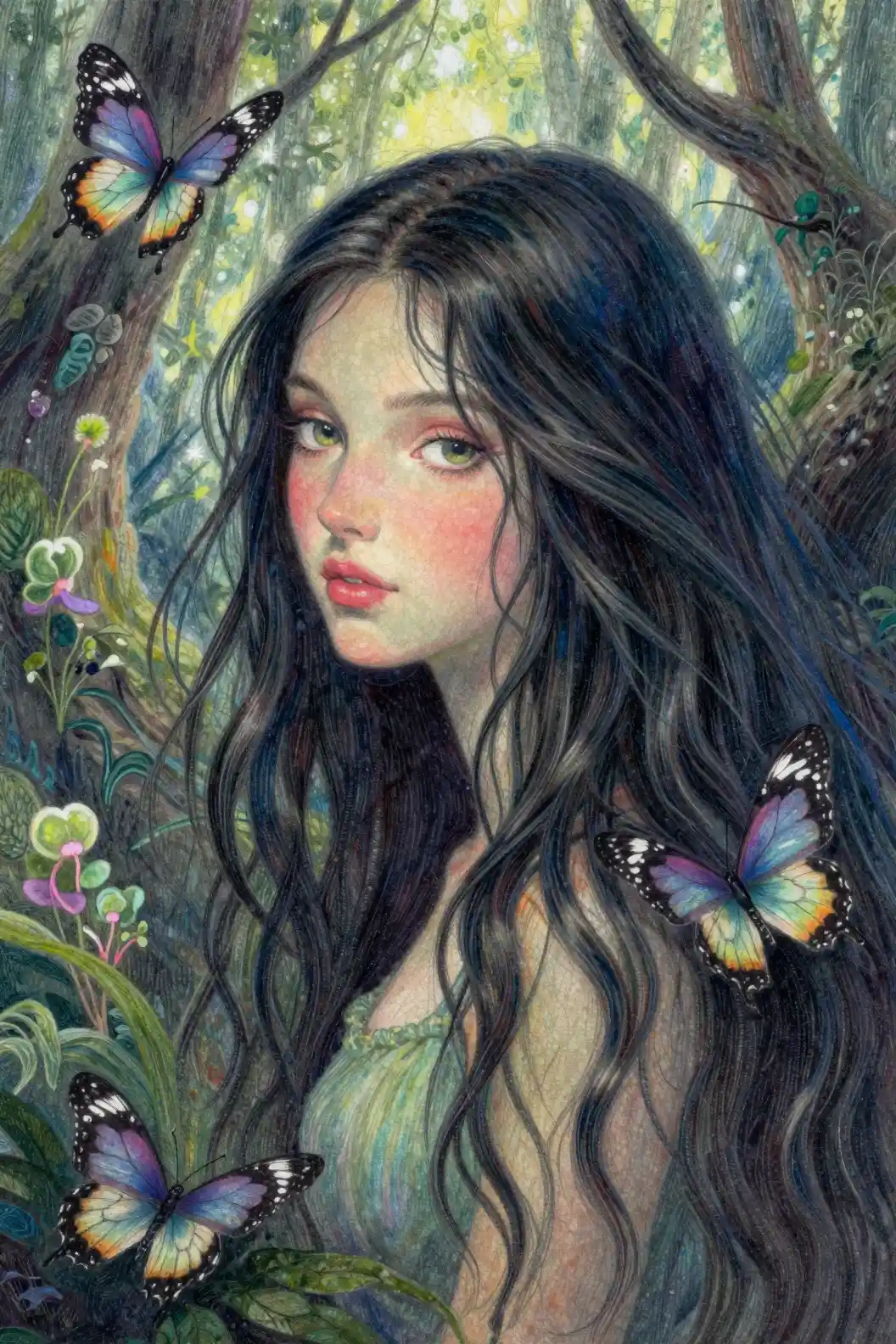 Ethereal butterfly fairy woman in a magical forest