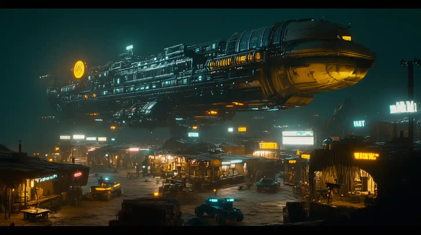 Massive cargo spaceship over an alien town at night