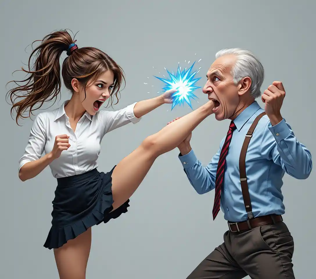 Young woman kicking elderly man in dynamic digital clash