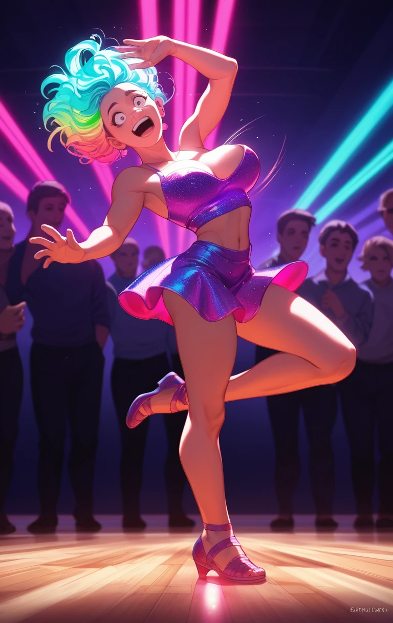 Smiling girl dancing in a crowded neon lit nightclub