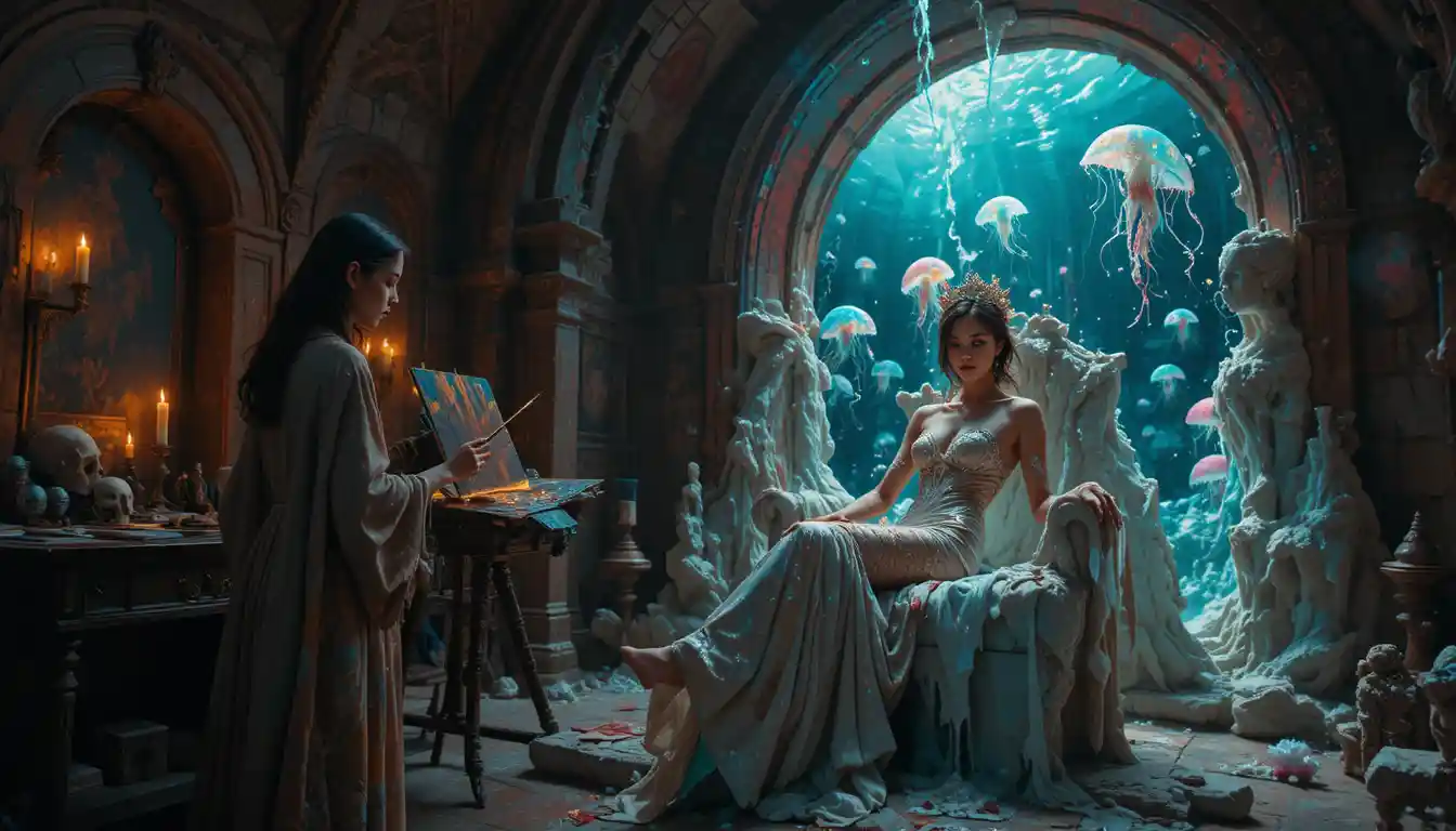 Focused female artist in a candlelit gothic stone studio
