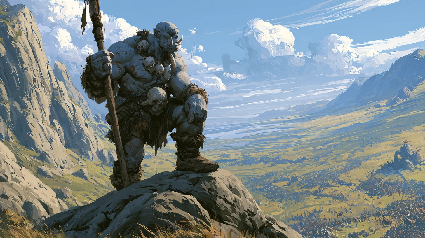 Muscular orc warlord overlooking a raging valley battle