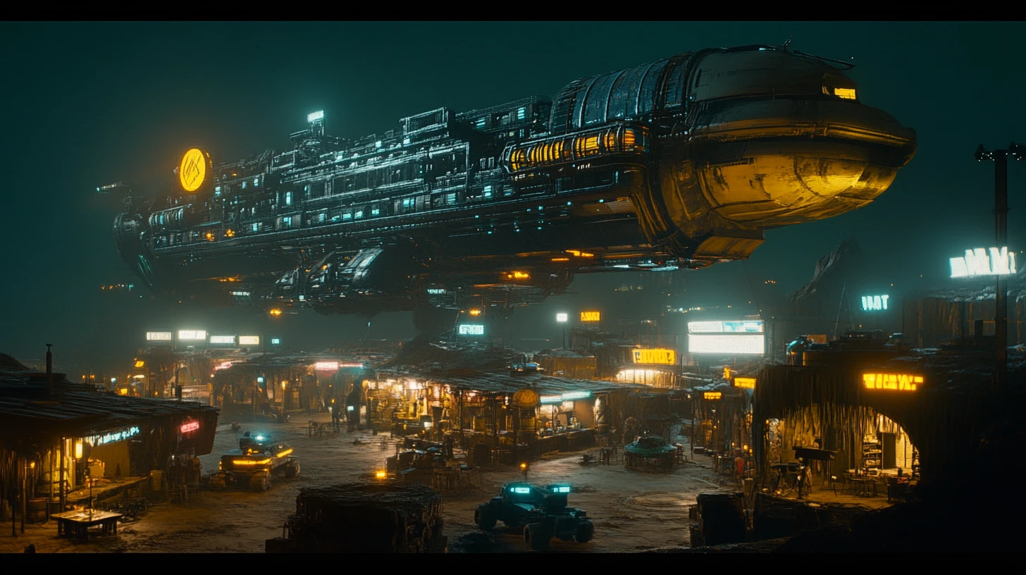 Massive cargo spaceship over an alien town at night