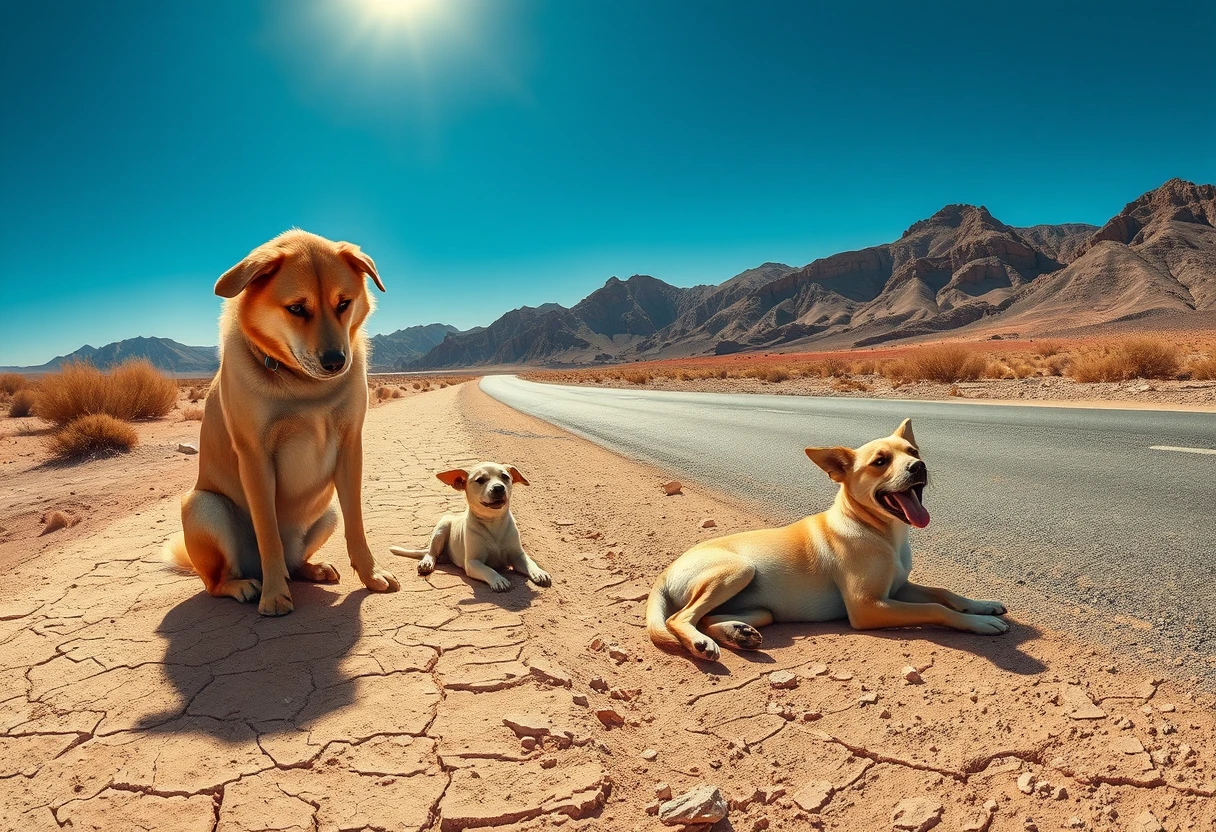 Street dogs resting by an empty desert highway