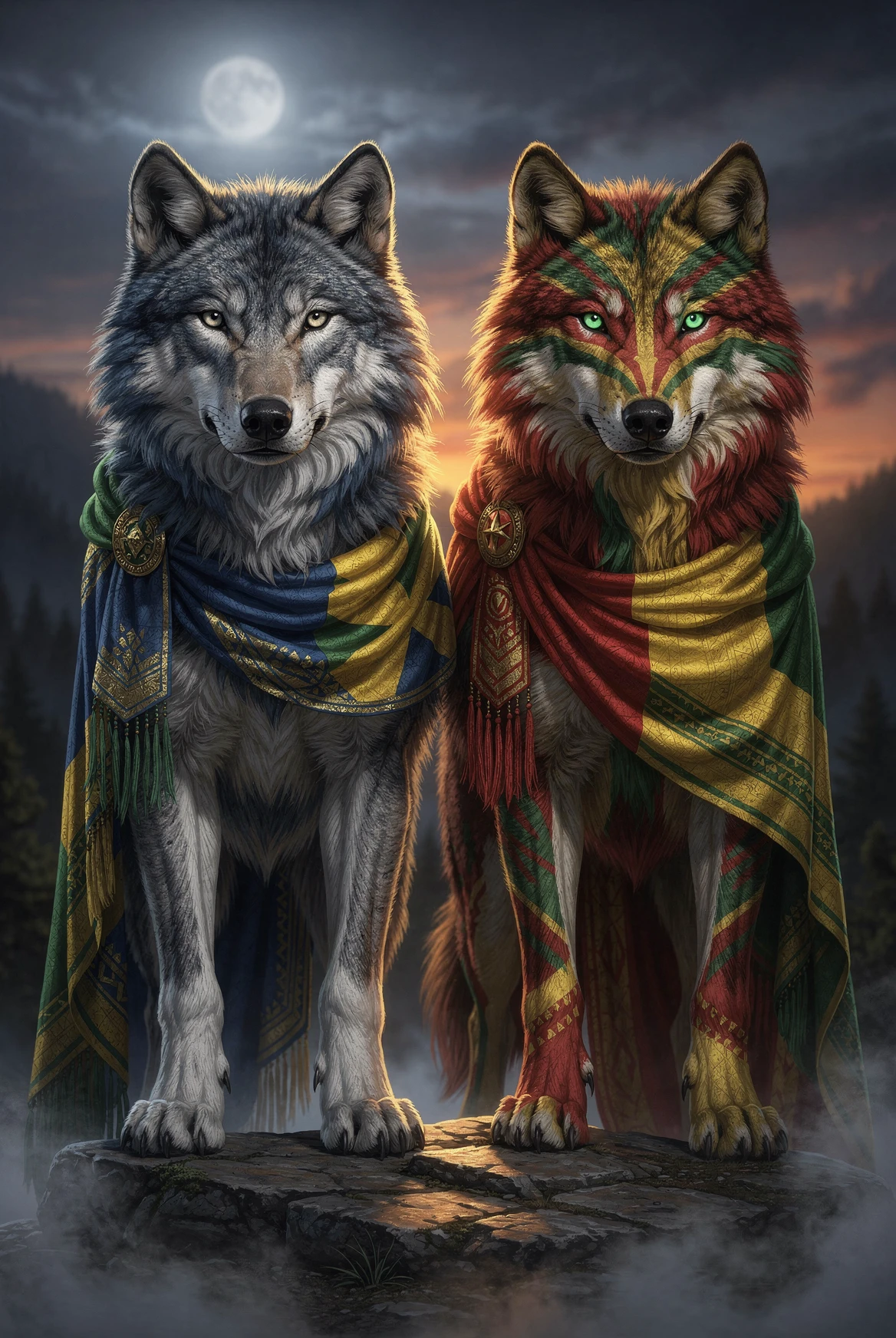 Two majestic wolves in bold green gold and red coats